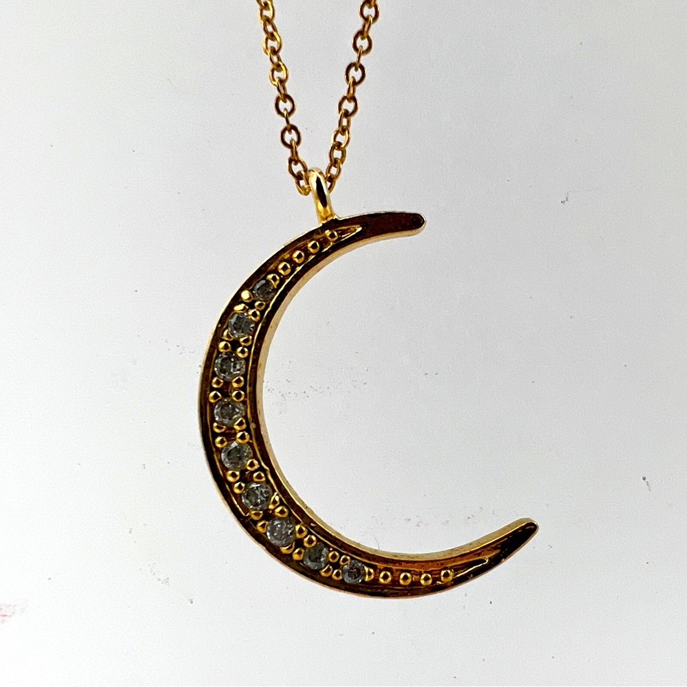 Gold Crescent Moon Pendant Necklace with Star Accent - Picture 3 of 4